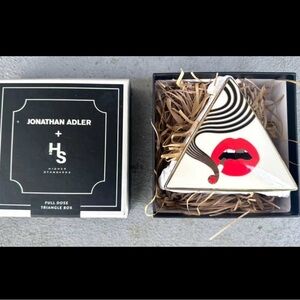 Jonathan Adler Porcelain Triangle Trinket Box with Lip Motif - White, Red, Gold